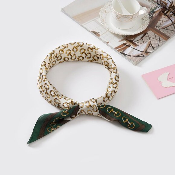 Women Green Double Headscarf Satin Bandana Pattern Polyester Breathable Scarves - Picture 2 of 7